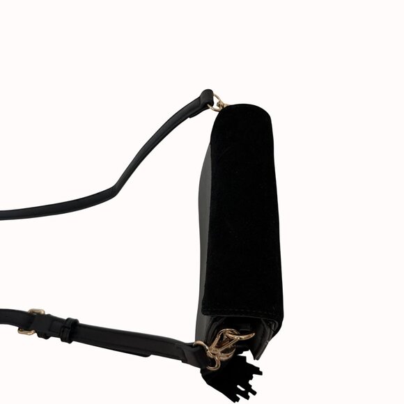 Moda Luxe Black Crossbody Bag Faux Suede Vegan Leather Tassel Accent Adjustable - Picture 5 of 16